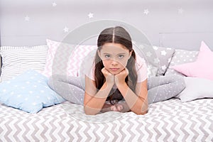 Why so sad. Sad girl sit in bed. Little child with sad look. Bedtime routine. Daytime nap. Kids health. Childcare. Early