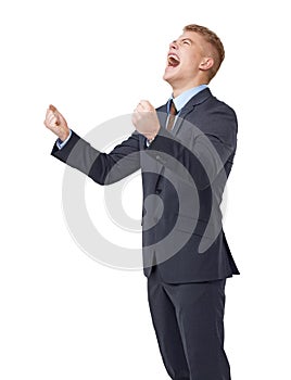 Why. A young businessman screaming at the sky on a white background.