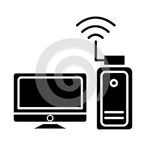 Wi-fi adapter - wi-fi network - monitor with usb card icon, vector illustration, black sign on isolated background