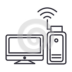 Wi-fi adapter, wireless network, usb card vector line icon, sign, illustration on background, editable strokes