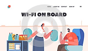 Wi-fi on Board Landing Page Template. Cabin of Plane with Stewardess and Passenger Use Smartphone, Air Hostess with Cart