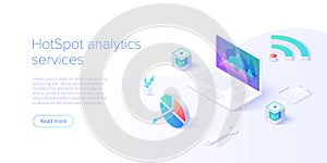 Wi-fi network analysis concept in abstract vector illustration. Hotspot statistics with laptop. Creative website layout or landing photo