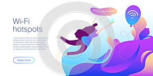 Wi-fi network concept in abstract vector illustration. Girl searching for hotspots with smartphone. Creative website layout or