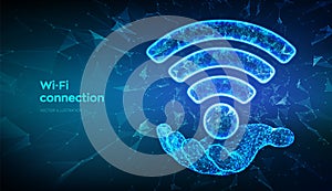 Wi-Fi network icon. Low poly abstract Wi Fi sign in hand. Wlan access, wireless hotspot signal symbol. Mobile connection zone.