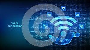 Wi-Fi network icon. Wi Fi sign made with binary code in hand. Wlan access, wireless hotspot signal. Mobile connection zone. Data