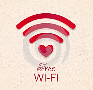 wi-fi red icon with heart shape as point access. free wifi connection symbol, hotspot sign. on grunge yellow textured background.