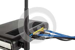 WI-FI router, back panel with connected wires