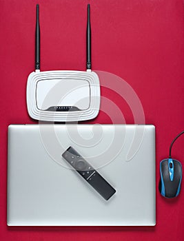 Wi fi router, laptop, pc mouse, remote controller