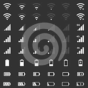 Wi-fi signal icons, battery energy, mobile signal level icons set