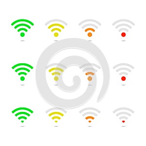 Wi-fi signal strength on white template. Maximum, medium, minimum wireless strength signal. Connection antenna router. Green,