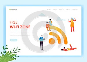 Wi-fi Social Media Networking Concept Landing Page Template. Public Wifi Hotspot with Characters Using Mobile Gadgets