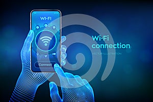 Wi Fi wireless connection concept. Free WiFi network signal technology internet concept. Closeup smartphone in wireframe hands.