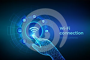 Wi Fi wireless connection concept. Free WiFi network signal technology internet concept. Mobile connection zone. Data transfer.
