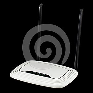 WI-FI wireless router with working luminous indicators, wireless data technology, isolated on black background