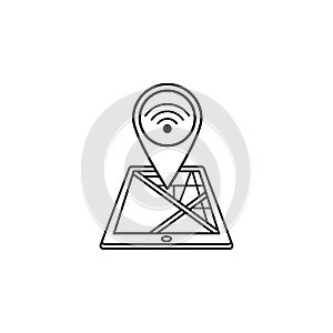Wi-fi zone map pointer line icon, mobile gps