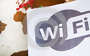 Wi-fi zone symbol, access point on the background of the world map, modern wireless communication, internet online concept