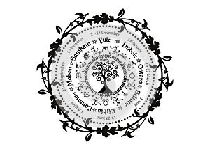 Wheel of the Year is an annual cycle of seasonal festivals. Wiccan calendar and holidays. Compass with Tree of Life, flowers photo