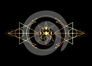 Phases of the moon and triple moon. Golden Mystical drawing, energy circles, magic triangles. Gold Sacred geometry. Alchemy icons photo