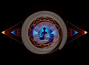 Chakra concept. Inner love, light and peace. Buddha silhouette in lotus position over gold ornate mandala lotus flower. isolated