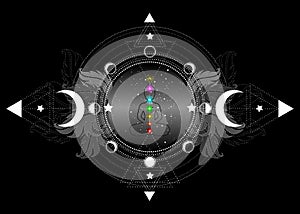 Chakras concept. Inner love, light and peace. Buddha silhouette in lotus position over ornate mandala lotus flower and Moon phases