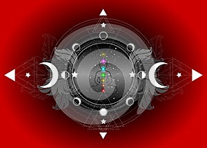 Chakras concept. Inner love, light and peace. Buddha silhouette in lotus position over ornate mandala lotus flower and Moon phases