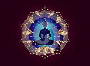 Chakra concept. Inner love, light and peace. Buddha silhouette in lotus position over gold ornate mandala lotus flower. Vector