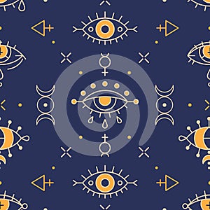 Wicca seamless pattern with triple moon and evil eyes