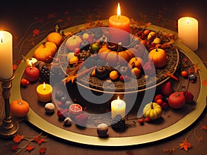 Wiccan altar for Mabon sabbat. fruits, pumpkins, candle, nuts and wheel of the year on abstract dark background