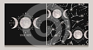 Wiccan label, seamless pattern with moon, crescent