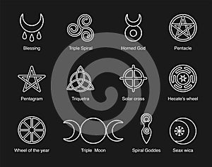 Wiccan and pagan symbols pentagram, triple moon, horned god, triskelion, solar cross, spiral, wheel of the year. Vector