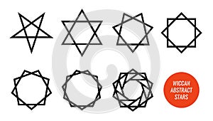 Wiccan symbol and all polygonal stars, pentagram, sexagram and other isolated on white - Big vector set of line symbols.