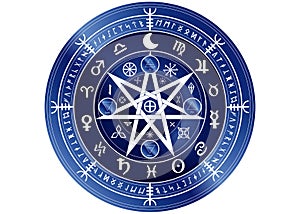 Wiccan symbol of protection. blue Mandala Witches runes, Mystic Wicca divination. Ancient occult symbols, Zodiac Wheel signs photo