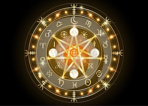 Wiccan symbol of protection. Bright Gold Mandala Witches runes, Mystic Wicca divination. Ancient occult symbols Earth Zodiac Wheel