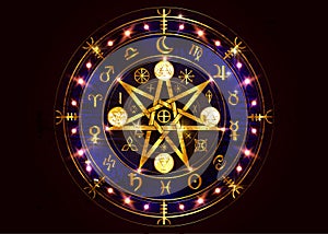 Wiccan symbol of protection. Bright Gold Mandala Witches runes, Mystic Wicca divination. Ancient occult symbols Earth Zodiac Wheel