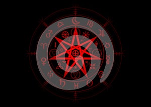 Wiccan symbol of protection. 3D Red Mandala Witches runes and alphabet, Mystic Wicca divination. Ancient occult symbols