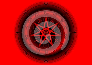 Wiccan symbol of protection. 3D Red Mandala Witches runes and alphabet, Mystic Wicca divination. Ancient occult symbols