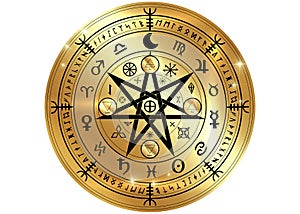 Wiccan symbol of protection. Gold Mandala Witches runes, Mystic Wicca divination. Ancient occult symbols, Earth Zodiac Wheel