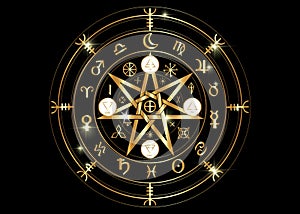 Wiccan symbol of protection. Gold Mandala Witches runes, Mystic Wicca divination. Ancient occult symbols, Earth Zodiac Wheel