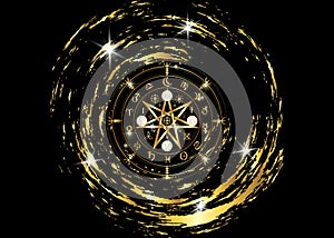 Wiccan symbol of protection. Gold Mandala Witches runes, Mystic Wicca divination. Ancient occult symbols, Earth Zodiac Wheel