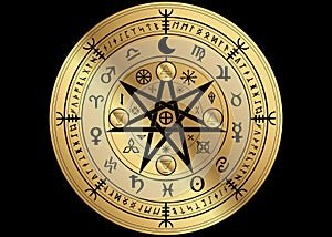 Wiccan symbol of protection. Golden Mandala Witches runes, Mystic Wicca divination. Ancient occult symbols, Zodiac Wheel signs