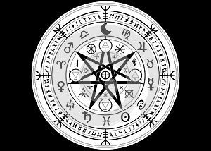 Wiccan symbol of protection. Mandala Witches runes, Mystic Wicca divination. Ancient occult symbols, Zodiac Wheel signs