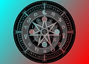 Wiccan symbol of protection. Mandala Witches runes, Mystic Wicca divination. Ancient occult symbols, Zodiac Wheel signs