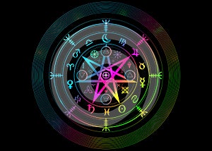 Wiccan symbol of protection. Mandala Witches runes, Mystic Wicca divination. Boho style Colorful Ancient occult symbols, isolated