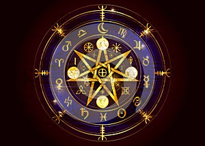 Wiccan symbol of protection. Old Gold Mandala Witches runes, Mystic Wicca divination. Ancient occult symbols, Earth Zodiac Wheel photo