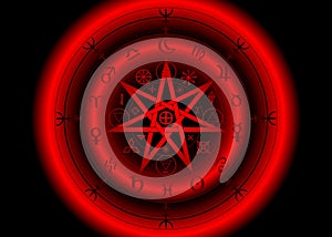 Wiccan symbol of protection. Red Mandala Witches runes, Mystic Wicca divination. Ancient occult symbols, Zodiac Wheel signs