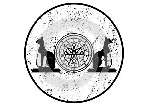 Wiccan symbol of protection. Set of Mandala Witches runes and black cats, Mystic Wicca divination. Ancient occult symbols, grunge