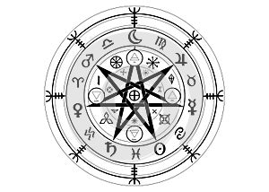Wiccan symbol of protection. Set of Mandala Witches runes, Mystic Wicca divination. Ancient occult symbols, Zodiac Wheel signs photo