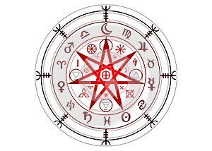 Wiccan symbol of protection. Set of Mandala Witches runes, Mystic Wicca divination. Ancient occult symbols, Zodiac Wheel signs photo