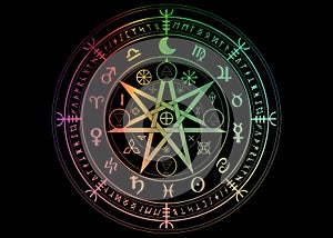 Wiccan symbol of protection. Set of Mandala Witches runes, Mystic Wicca divination. Colorful Ancient occult symbols, Earth Zodiac photo