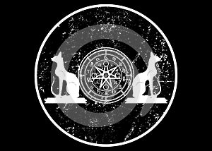 Wiccan symbol of protection. Set of Mandala Witches runes and white cats, Mystic Wicca divination. Ancient occult symbols, Earth